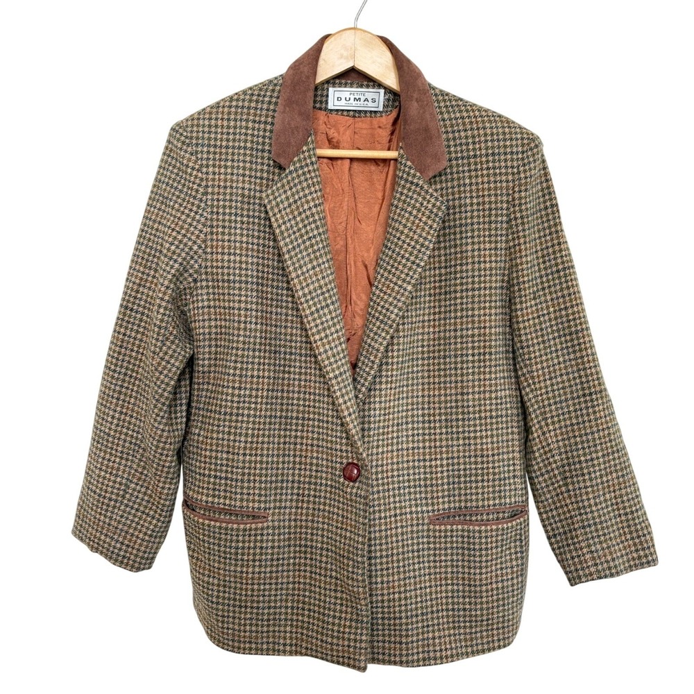 VTG Dumas Women Blazer Sz M/L Academia Houndstooth Wool Equestrian Old‎ Money
